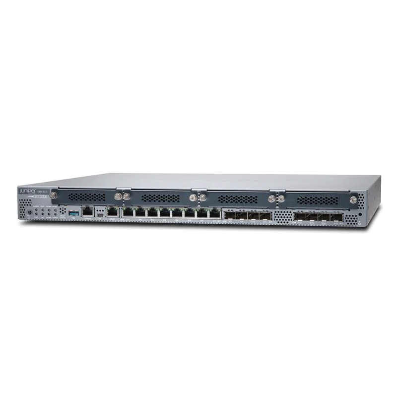 SRX340-SYS-JE Juniper SRX340 Services Gateway includes hardware (16GE, 4x MPIM slots, 4G RAM, 8G Flash, power supply, cable and RMK) and Junos Software Enhanced (Firewall, NAT, IPSec, Routing, MPLS, Switching and Application Security).