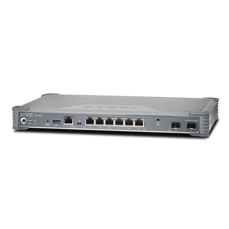 SRX300-SYS-JB Juniper SRX300 Services Gateway includes hardware (8GE, 4G RAM, 8G Flash, power adapter and cable) and Junos Software Base (Firewall, NAT, IPSec, Routing, MPLS and Switching). RMK not included.
